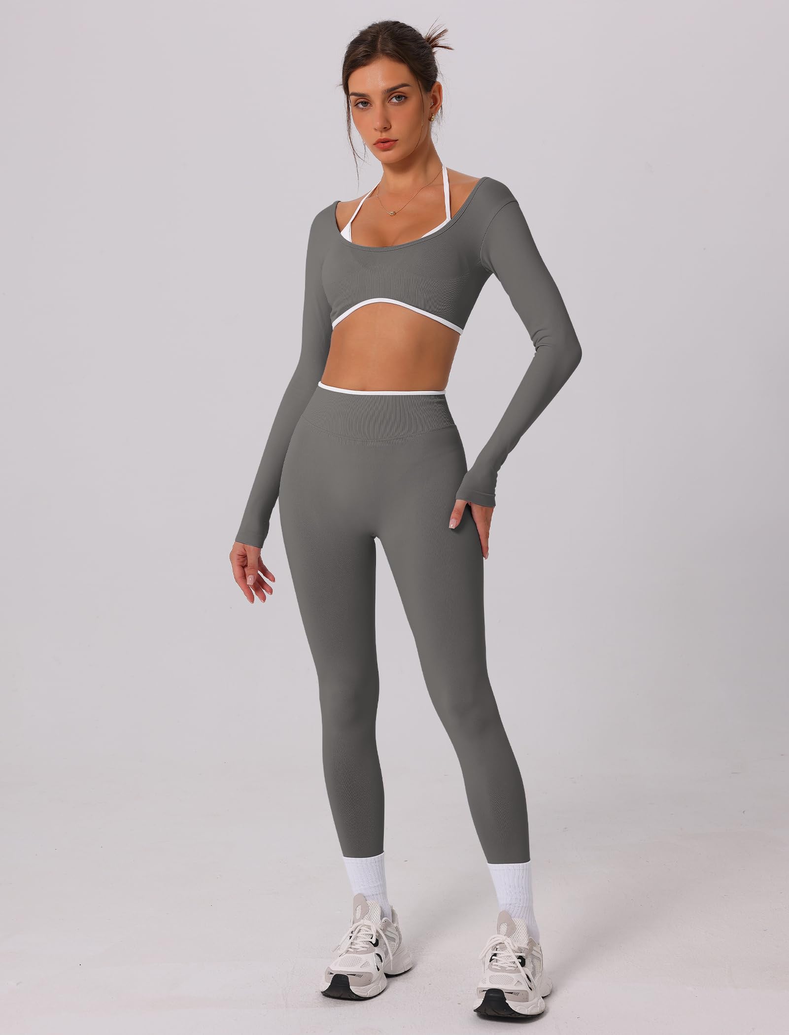 IDOPIP Workout Set Damen Rückenfrei: Zweiteiler Kontrastfarbe Sport Set Hohe Taile Po-formende Leggings und Top mit integrierten Cups - Jogginganzug für Fitness Yoga Pilates Gym