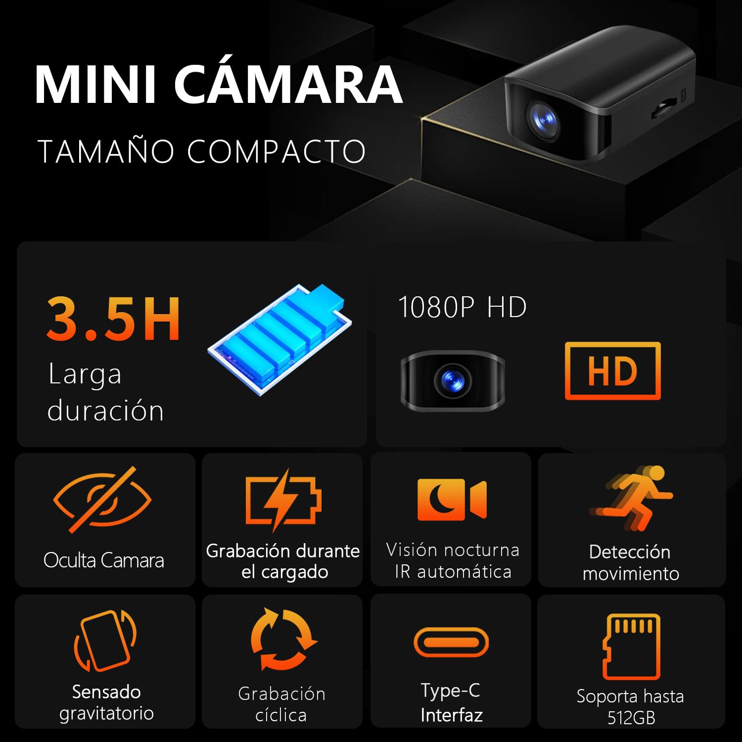 Mini Cámara Espía Camara - 1080P Oculta Cámara - Micro Cámara vigilancia - detección Movimiento, Sensor de Gravedad, visión Nocturna, Grabación cíclica, sin función WiFi