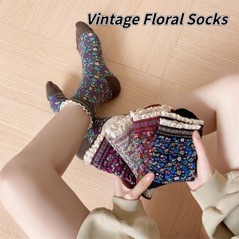 Vintage Style Embroidered Floral Socks for Women Girls with Lace Trims, Spring and Fall Cotton Crew Socks - Image 2