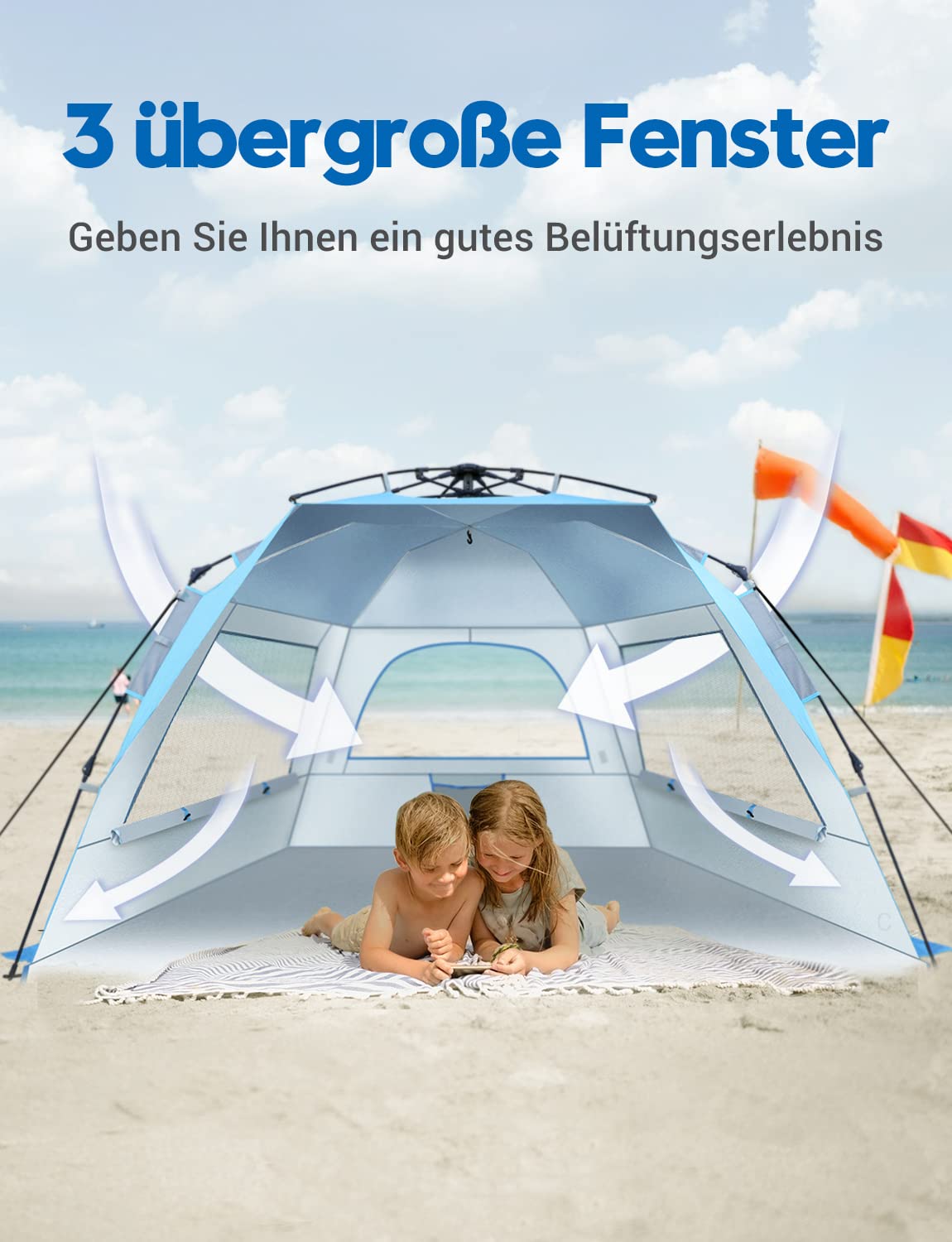 Glymnis Strandmuschel Quick Up Strandzelt Automatisches Strand Zelt UV-Schutz 50+ Windschutz Sonnenschutz mit Quick-Up System kleines Packmaß für 4-5 Personen
