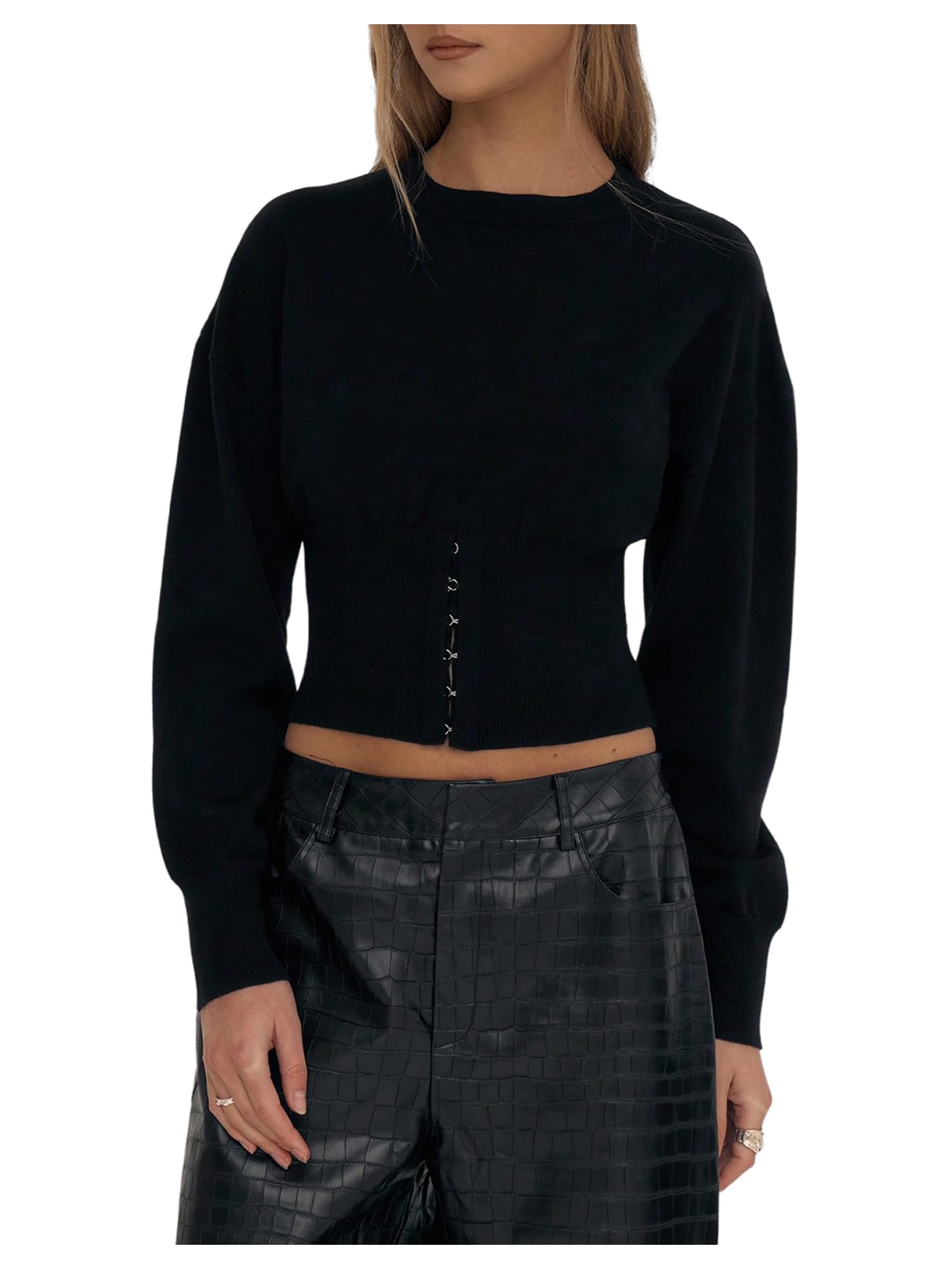 GORGLITTER Womens Cropped Cinched Waist Sweaters Cozy Chic Hook and Eye Long Sleeve Pullover Fall Fashion