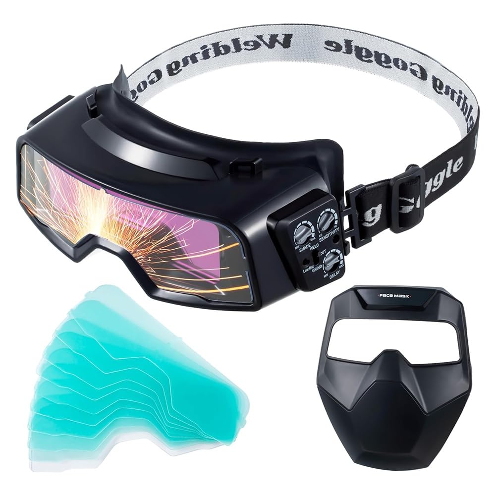 Lunettes de soudage obscurcissantes automatiques, large gamme 4/5-9/9-13, lunettes de soudeur avec masque de soudeur et 10 verres de rechange, masque de soudage compact et casque pour TIG