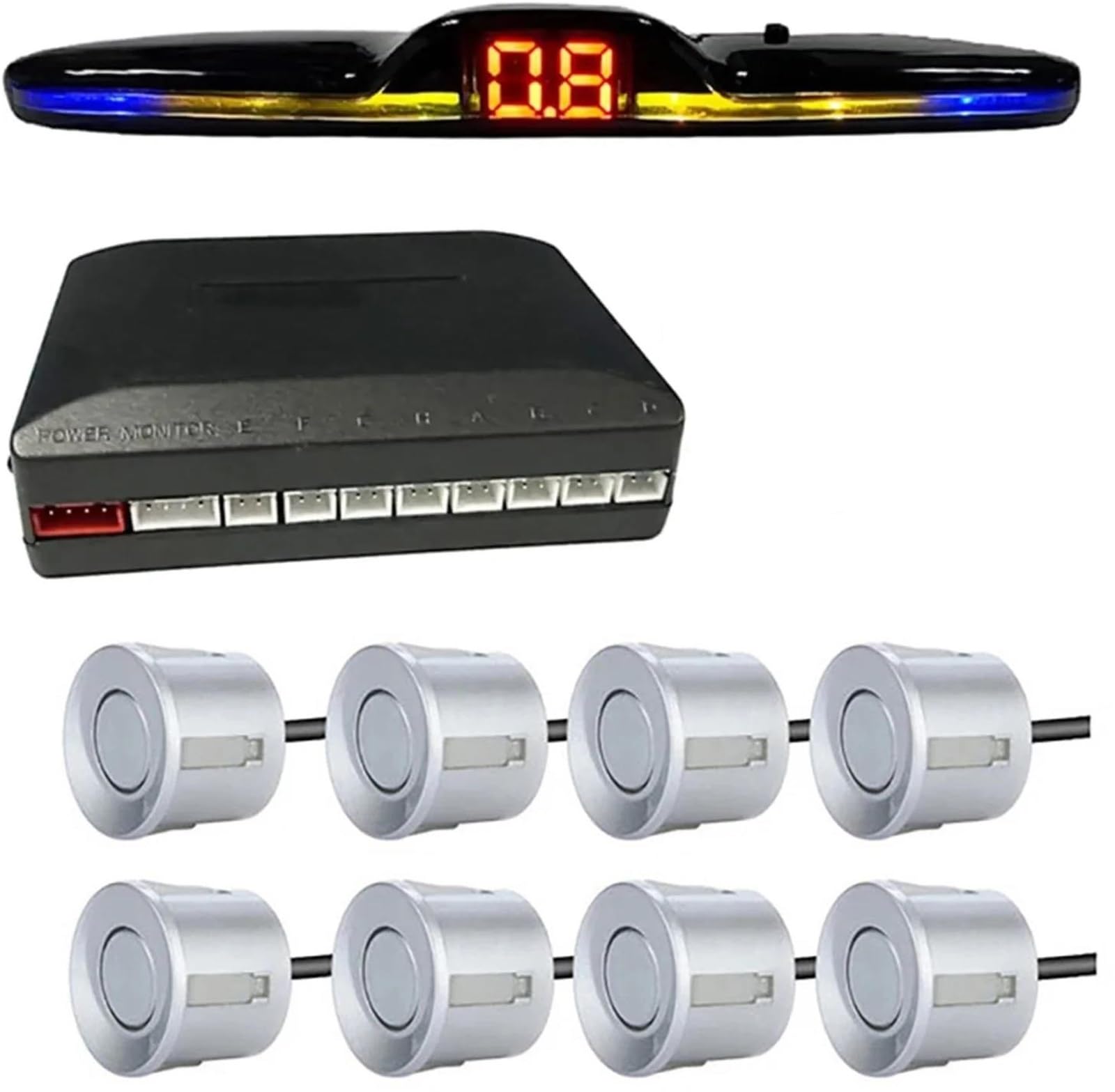 Sensor Estacionamiento PDC Kit sensores aparcamiento Radar múltiple pantalla LED tronic retroiluminación Monitor respaldo asistente detección 4/6/8 Radar Marcha Atrás(Plata,8 sensors)
