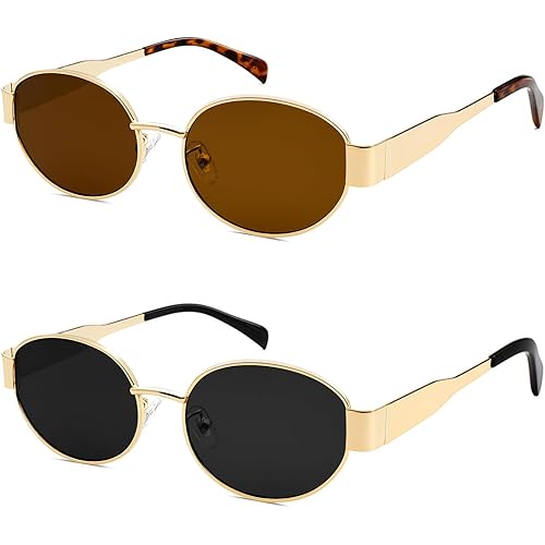 knliwkm 2 Pack Gold Retro Oval Sunglasses for Women Trendy Fashion Designer Dupes Shades Vintage 90s Sun Glasses