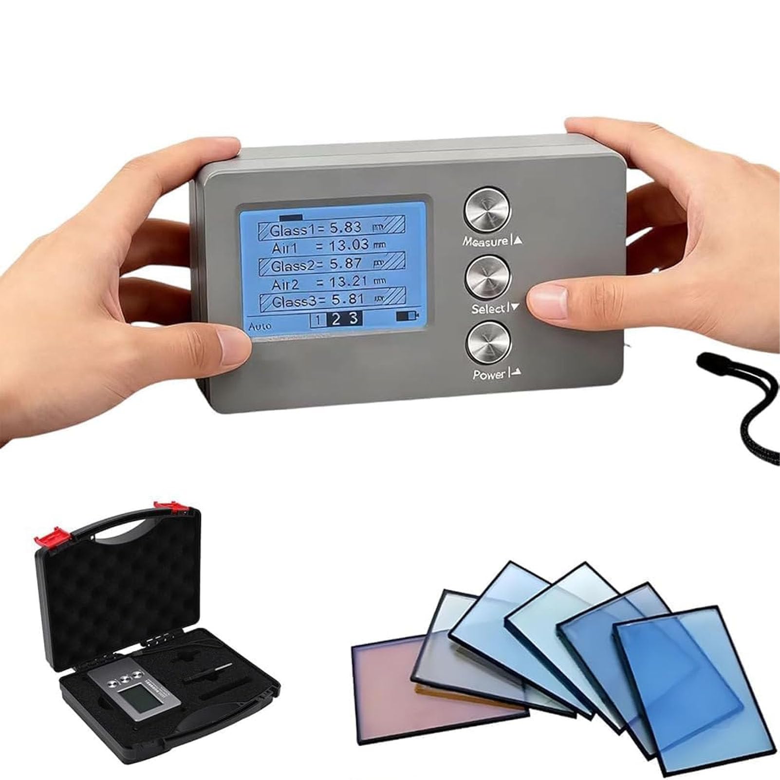 PioMue Digital Glass Thickness Gauge, Optical Handheld Meter for Laminated & Insulated Glass, Measures Up to 70mm & Air Gap, Measurement Accuracy ±0.1mm