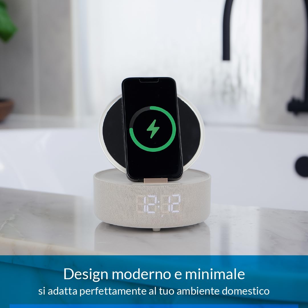Make Up Specchio LED da Tavolo con Luce Dimmerabile, Ricarica Wireless Qi, Cassa Bluetooth e Orologio Digitale, Specchio Beauty per Trucco e Skincare (Beige)