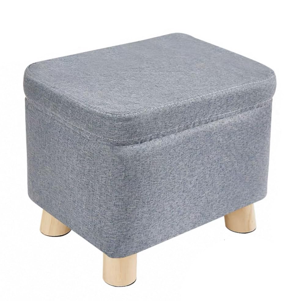Blue Ottoman Storage Stool with Removable Linen Cover Square Footrest with Hinged Lid Upholstered Padded Seat for Living Room & Bedroom Decor (33x26x30cm)