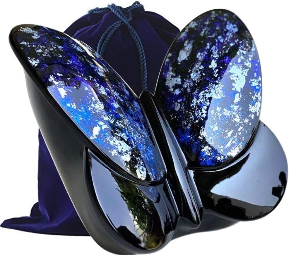 Handcrafted Fiber Glass Monarch Butterfly Cremation Urn - Adult Butterfly Funeral Urn - Lightweight, Free Velvet Bag (Blue)
