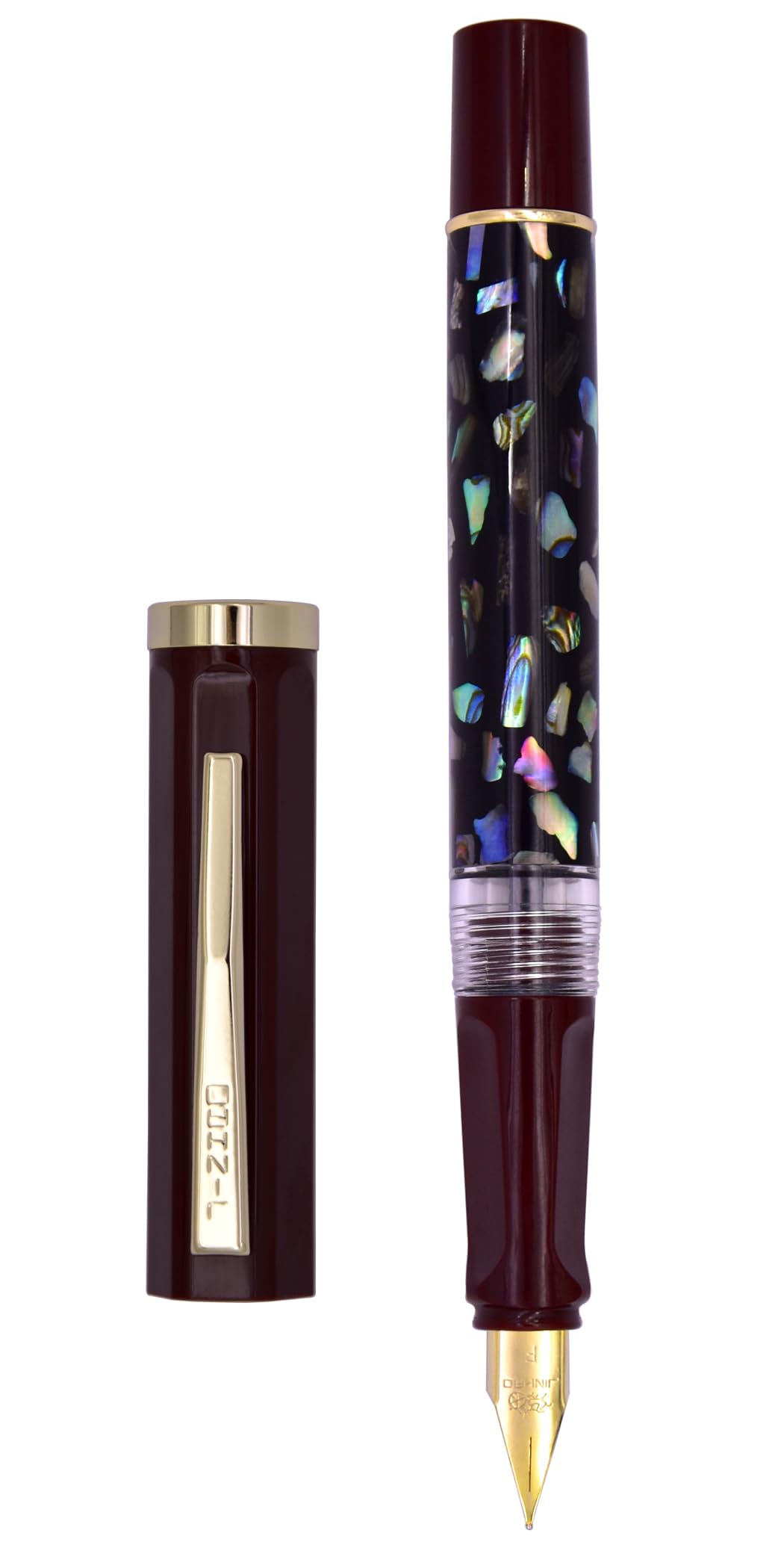 XIAOYU Retro Jinhao 58 Fountain Pen, Unique Sea Shell Inlay Design, Gold Trim with Ink Converter, Iridium Extra Fine Nib(0.38mm), Dark Red(Black Shell)