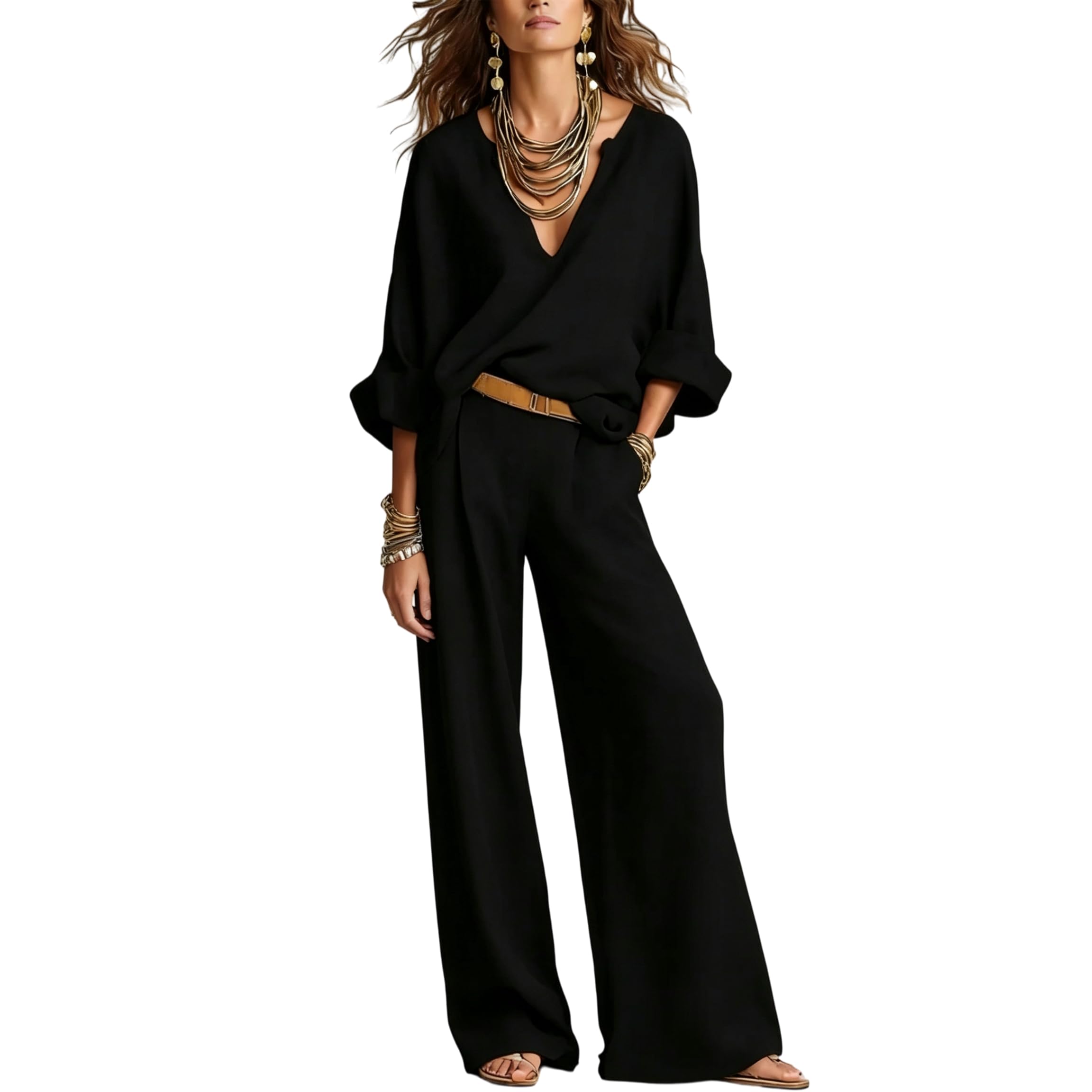 Completo Da Casa Da Donna Composto Da Due Pezzi: Top Con Scollo A V E Pantaloni A Gamba Larga. Outfit Casual, Vestibilità Ampia, Elegante, Leggero, Ideale Per Viaggi, Vacanze E Per Tutti I Giorni,