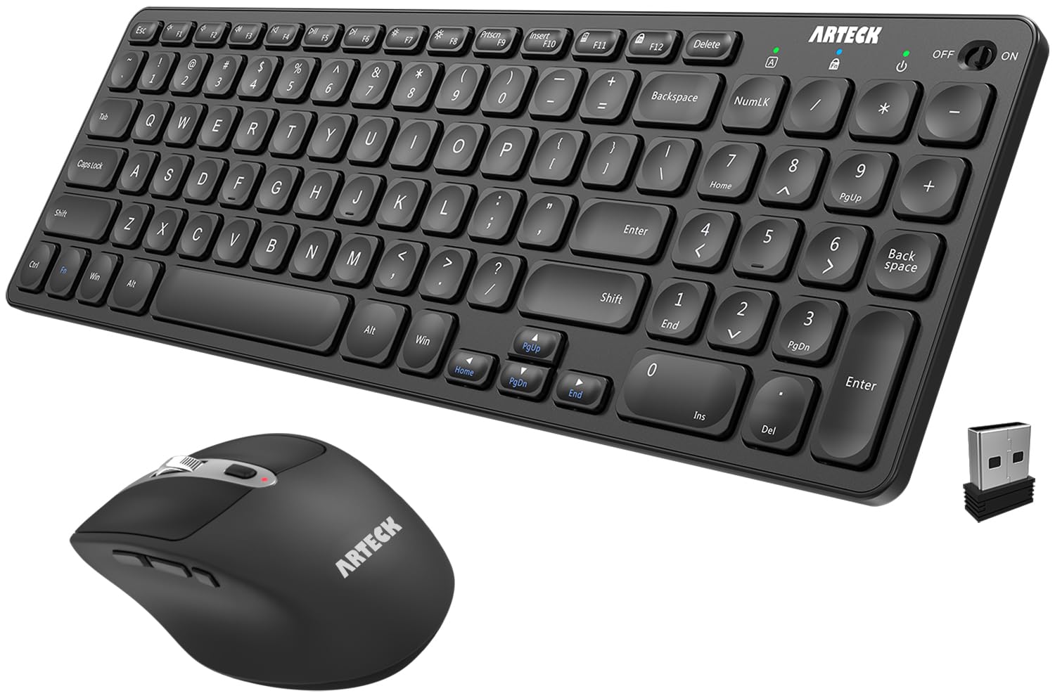 Arteck 2.4G USB Wireless Keyboard and Mouse Combo Ultra Slim Compact Keyboard and Ergonomic Mouse for Computer Desktop PC Laptop and Windows 11/10/8/7 Build in USB-C Rechargeable Battery