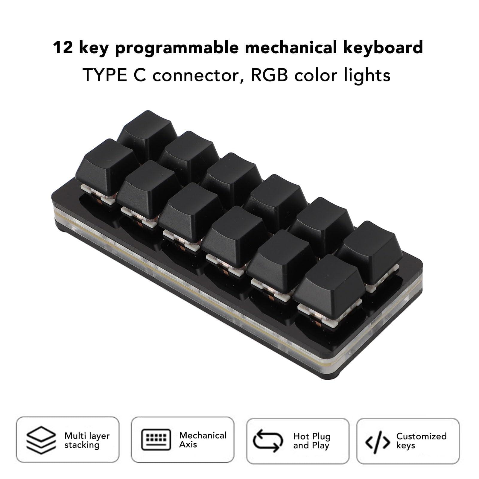 Dpofirs Teclado Mecánico para Juegos de 12 Teclas, Teclados RGB para Juegos de PC, Interruptor Rojo Mecánico, Teclado con una Mano, Teclado con Cable, Teclado Programable e (Black)