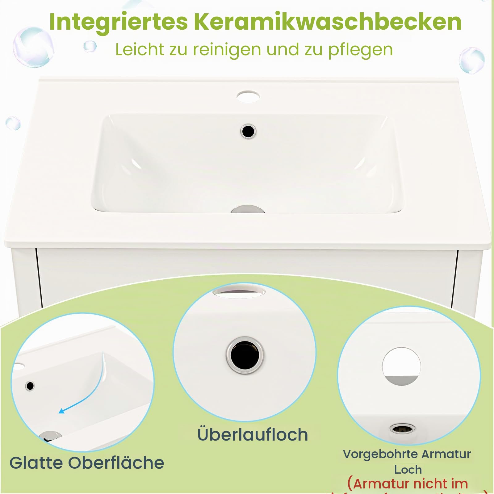 LIFEZEAL Badezimmerschrank mit Waschbecken, Waschbeckenunterschrank mit Keramikspüle, 2 Schubladen und Türen, Waschbeckenschrank Weiß 76 x 46,5 x 86 cm