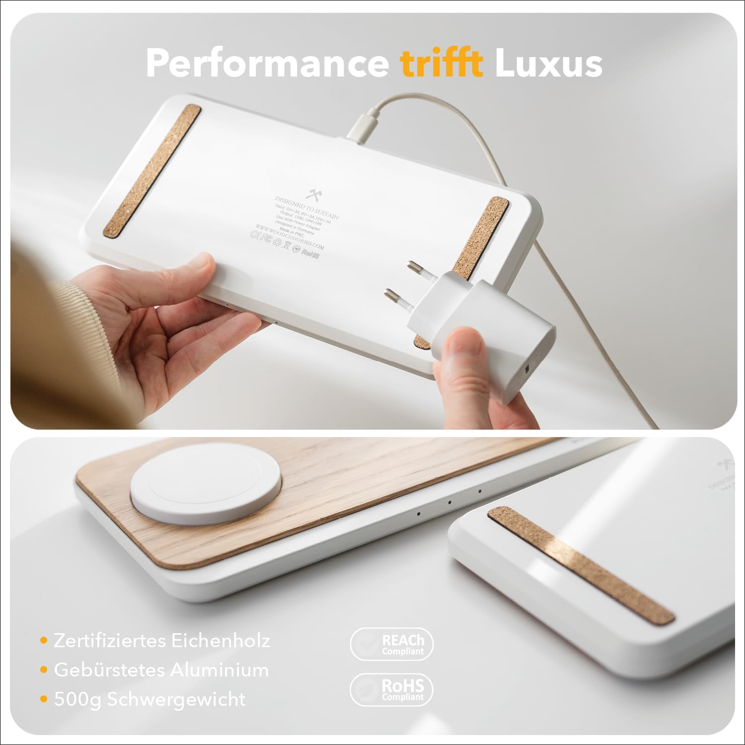 Woodcessories Multibase Pro - Estación de carga 3 en 1 de madera, cargador Magsafe, cargador inalámbrico compatible con iPhone, Apple Watch, Air Pods + adaptador de potencia de 45 W, roble