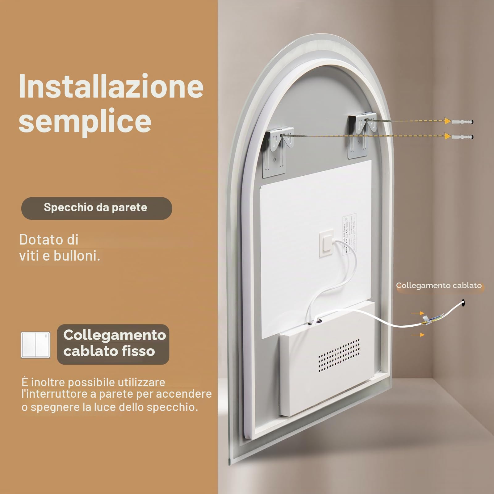 Specchio da bagno a LED arcuato con illuminazione - sensore touch, dimmerabile, antiappannamento, 3 modalità di colore, regolabile, design moderno, 60 x 80 cm
