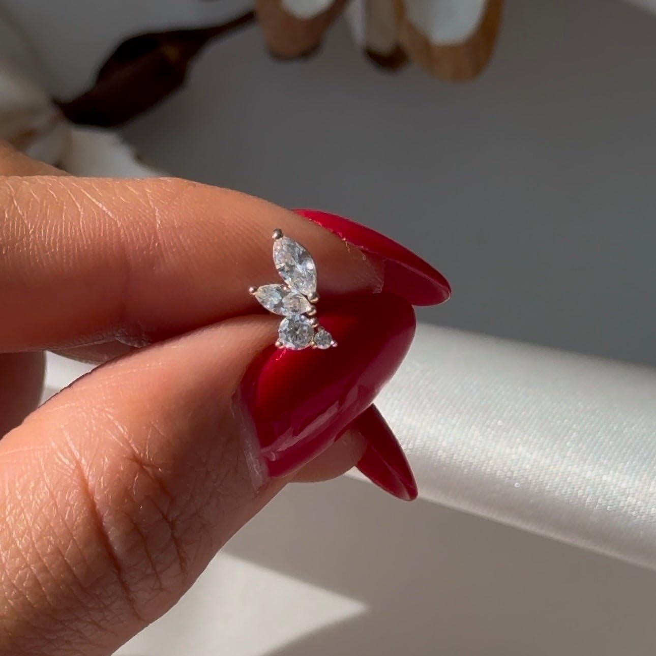 14K Solid Gold Emerald Marquise Crawler Flat Back Earring for Women Threaded Tragus Helix Piercing Jewelry Gemstone Stud Earring for Upper Ear Cartilage Piercings Minimalist SINGLE STUD (18g)