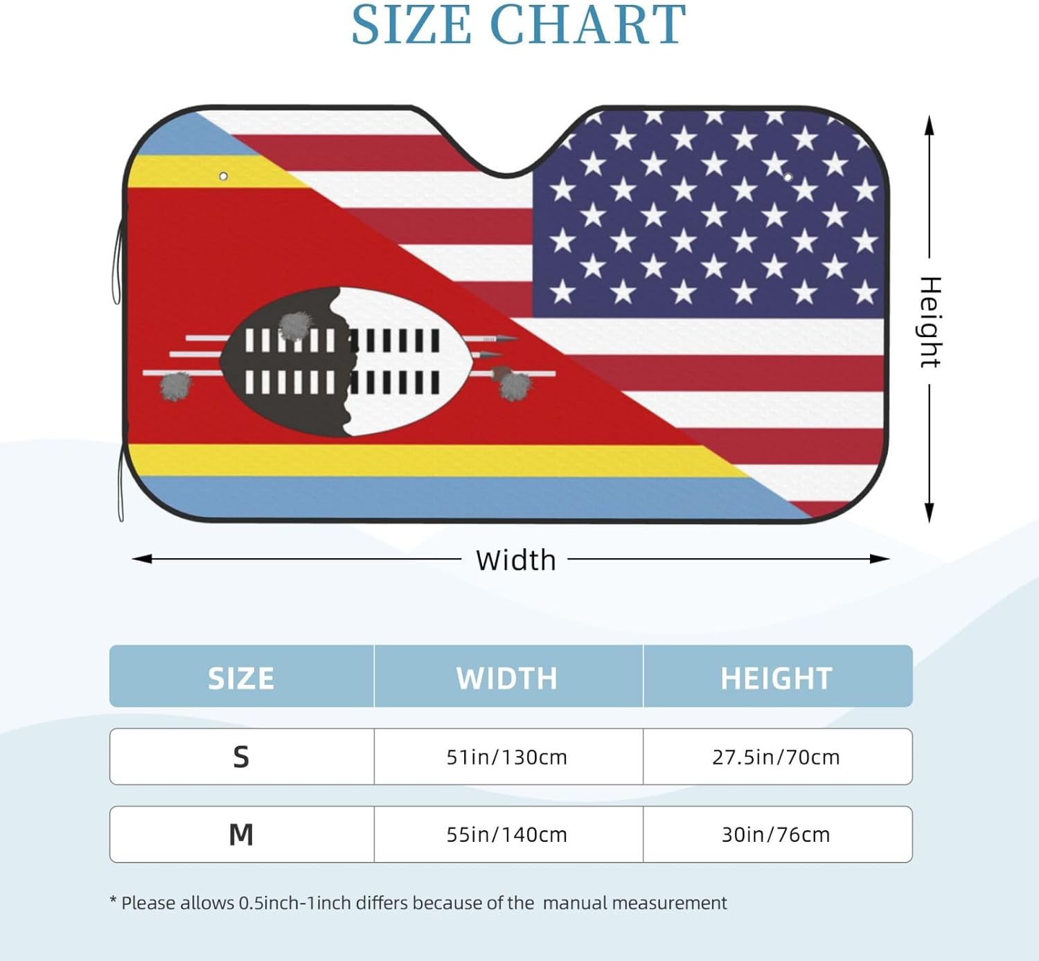 America Swaziland Friendship Flag Foldable Car Windshield Sunshade Blocks Heat and Sun Glare Uv Rays