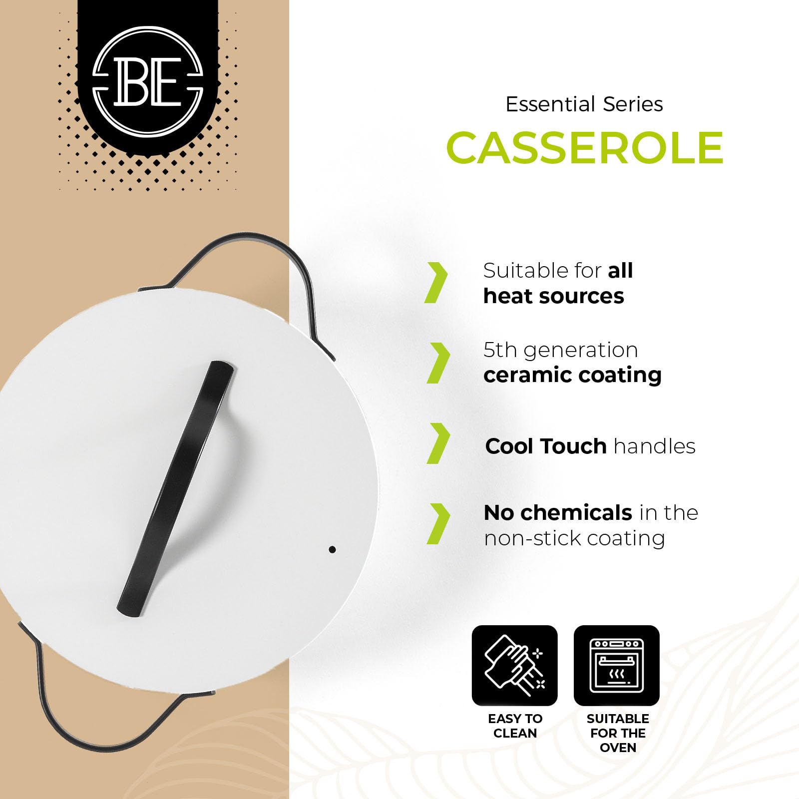 BE Living Essential Cooking Pot with Lid, diameter 24 cm, Non-Stick Ceramic Coating, Induction Compatible - Image 4