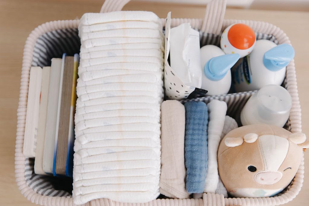 Diaper Caddy Organizer - Baby Pink Curdoroy Baby Storage Bin for Nursery & Car | Baby Shower Basket & registry Essential