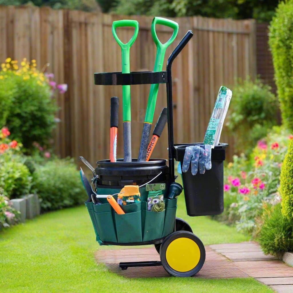 Garden Tool Tidy Cart Caddy Trolley Wheels 2 Removable Buckets 18 Pocket Belt