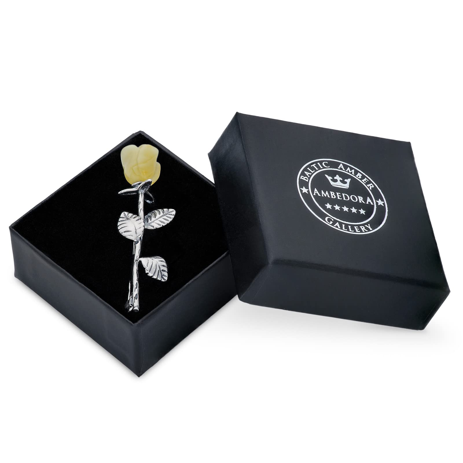 Broche en argent 925 oxydé, ambre rose sculpté à la main, petite broche en argent avec rose ambrée, 3 g, Argent sterling, Ambre
