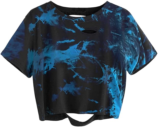 Avanova Women Distressed Loose Crop Top Oversized Short Sleeve Ripped Tee Shirt - 3X-Large - Tie Dye Blue