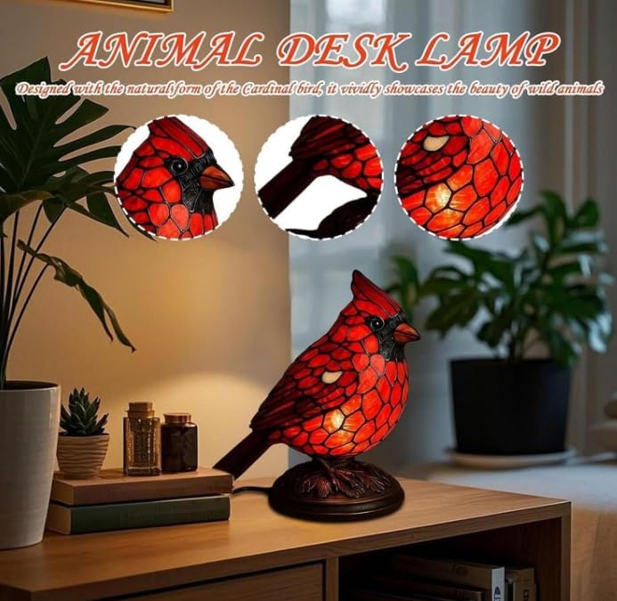 Cardinal Lamp Stained Glass, Desk Light, Home, Office Desk, Bedroom Decoration