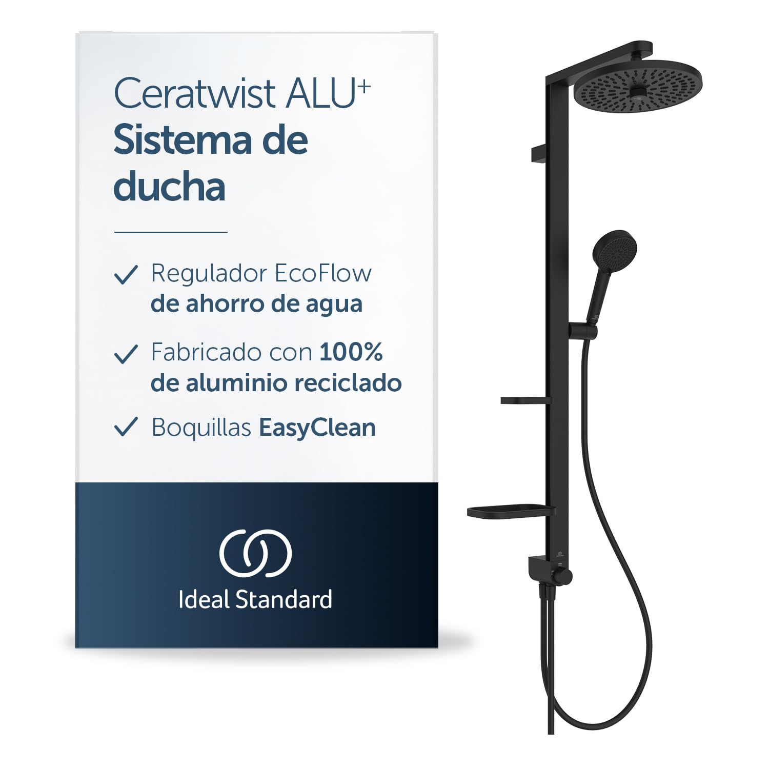 Ideal Standard Ceratwist Alu+ Termostática ducha exterior, Fabricada con un 100% de aluminio reciclado, ducha con ahorro de agua y tipos de chorro variables – Negro Mate (338x501x1104 mm)