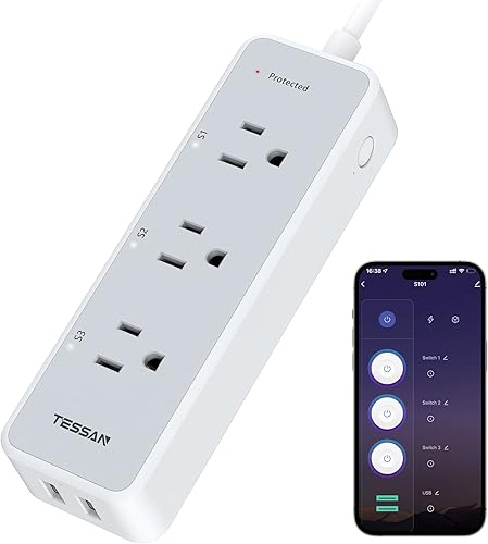 TESSAN - Protector de sobretensiones inteligente 900J, cable de extensión Wifi con 3 tomas de corriente controladas individualmente a distancia,