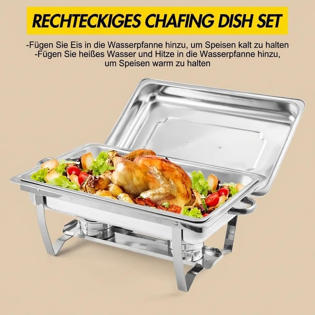 GarveeHome 2er Set Chafing Dish 7,5L Edelstahl Buffetwärmer Speisenwärmer | Brennpastenbehälter inkl.; Hochglanz-Optik; Rechteckig; Spülmaschinenfest; Warmhaltefunktion; Catering & Party-Zubehör