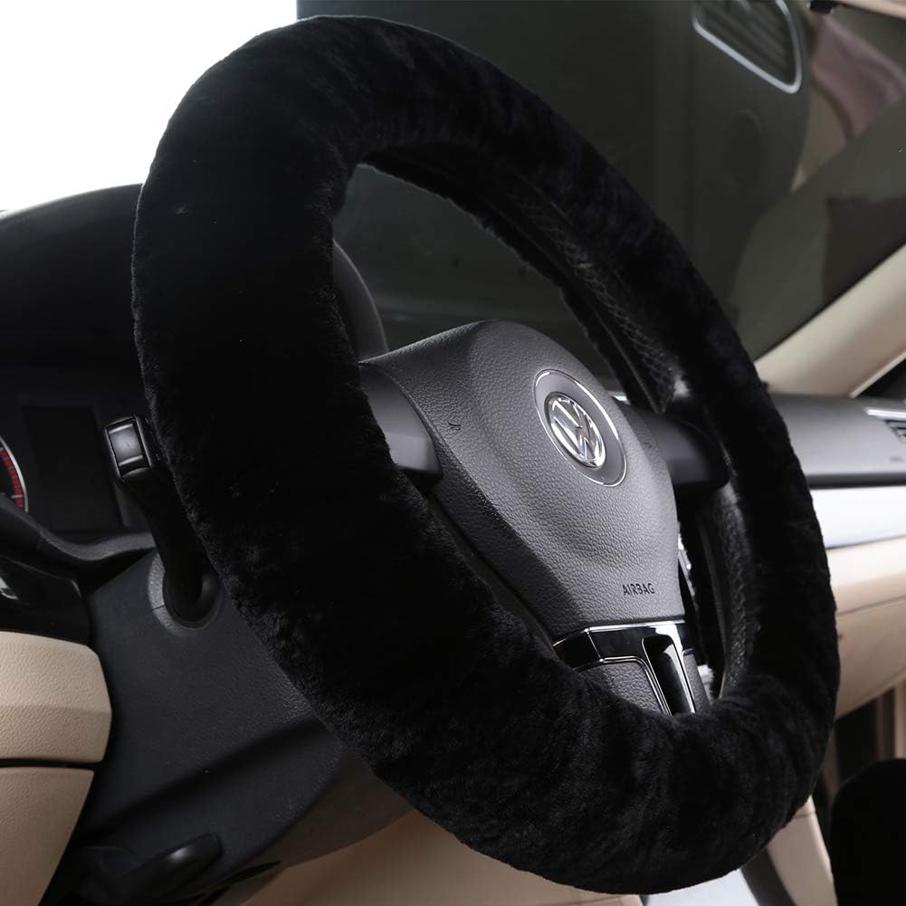 OGLAND Soft Fluffy Plush Sheepskin Car Steering Wheel Cover for Universal Auto Vehicle Women Man 14 1/2 inch-15 1/2inch Fuzzy Accessories Whole Sheepskin Black