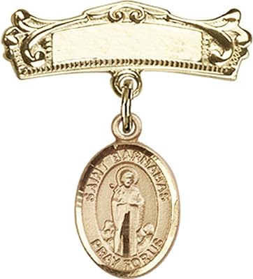 14kt Yellow Gold Baby Badge with St. Barnabas Charm and Arched Polished Badge Pin 7/8 X 3/4 inches