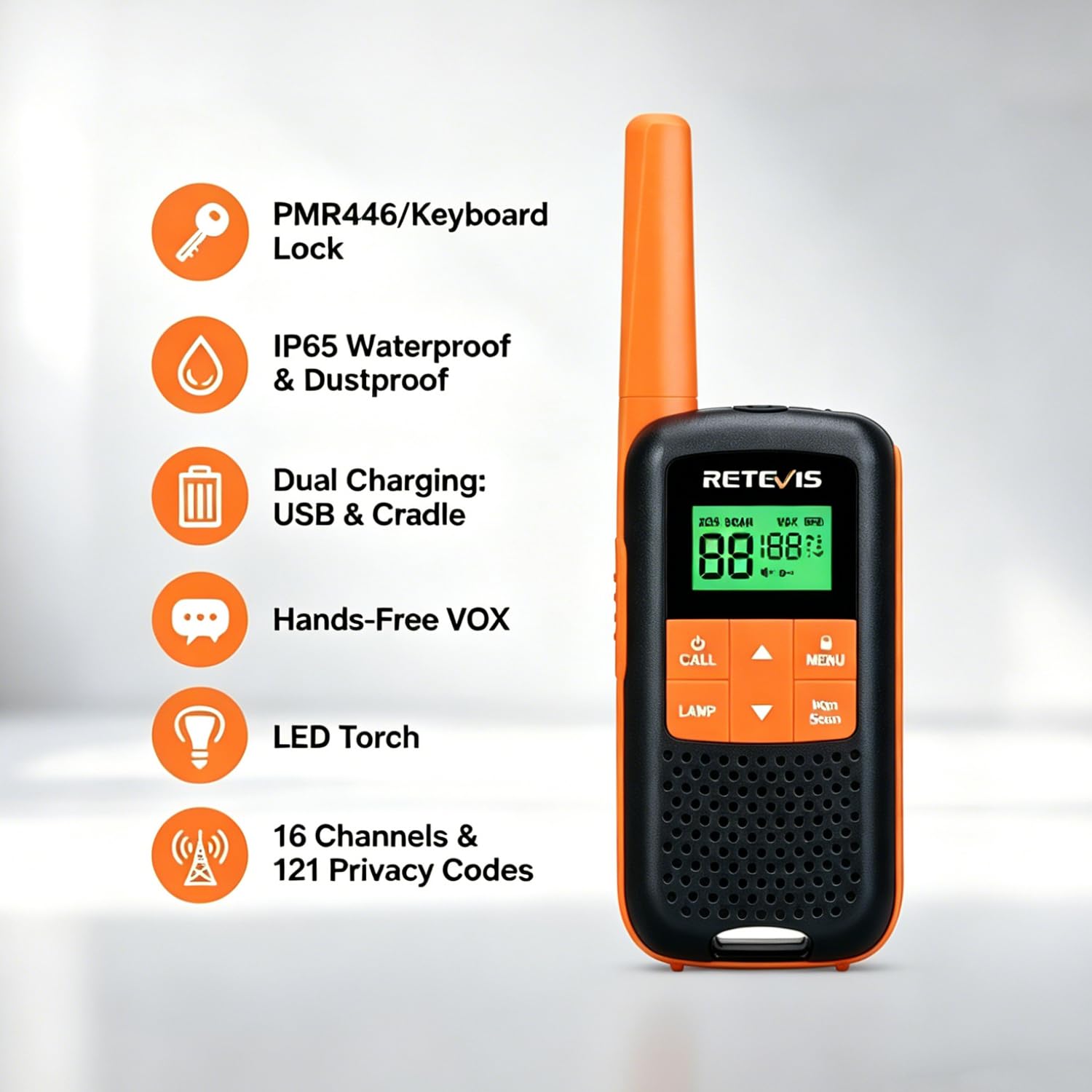 Retevis RT649 Walkie Talkie, Wodoodporność IP65, 16 Kanałów Bez Licencji PMR446,VOX CTCSS/DCS, Latarka LED, Akumulator Walkie Talkie,Ratować, Nagły Wypadek (Pomarańczowy, 2 Pary)