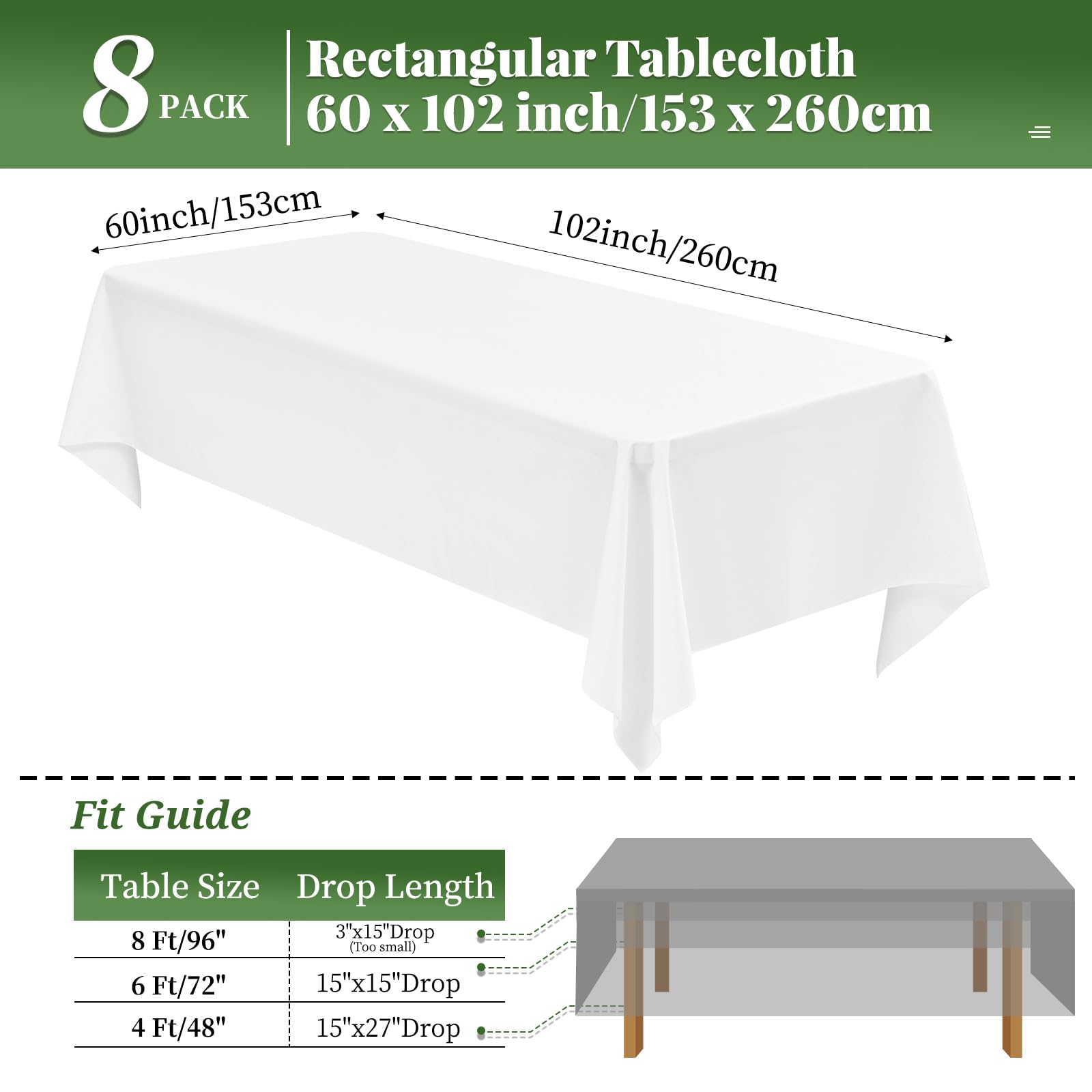 Paquet de 8 nappes Blanches 153x260 cm nappes rectangulaires Nappe Blanche pour Table de 6 Pieds Nappe en Tissu Polyester lavables rectangulaires pour Banquet de fête de Mariage