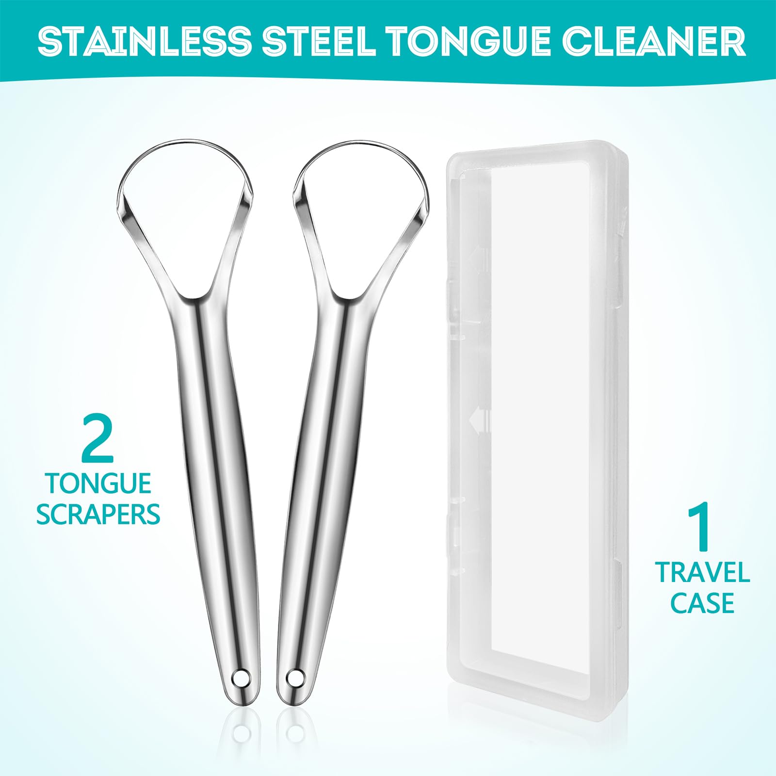 Paquete de 2 raspadores de lengua para adultos, reduce el mal aliento, limpiador de lengua con estuche de viaje, raspadores de lengua de acero inoxidable, cepillo de lengua, limpiador de 8