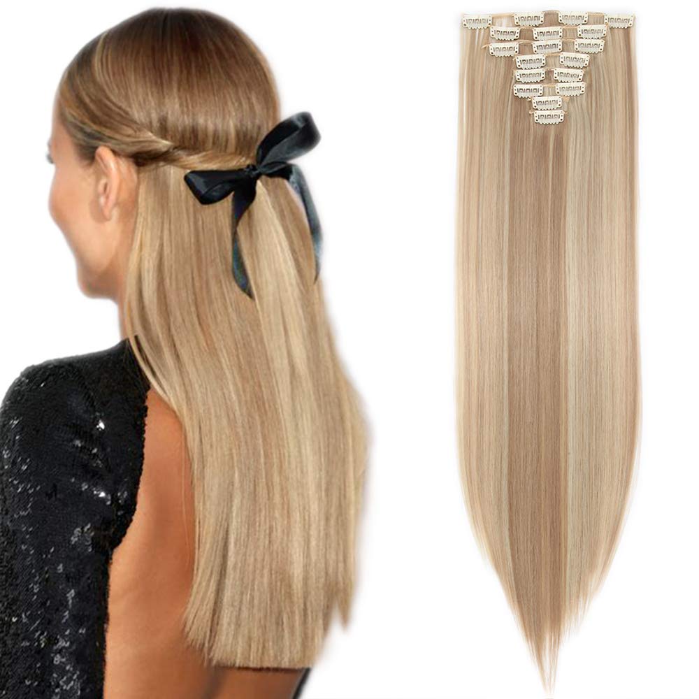 23"(58cm) SEGO Extensiones de Clip Pelo Sintético Se Ve Natural 8PCS [Arena Oscura mezcla Rubio Claro] Cabello Liso Largo Postizos Pelucas para Mujer (140g) — view 16