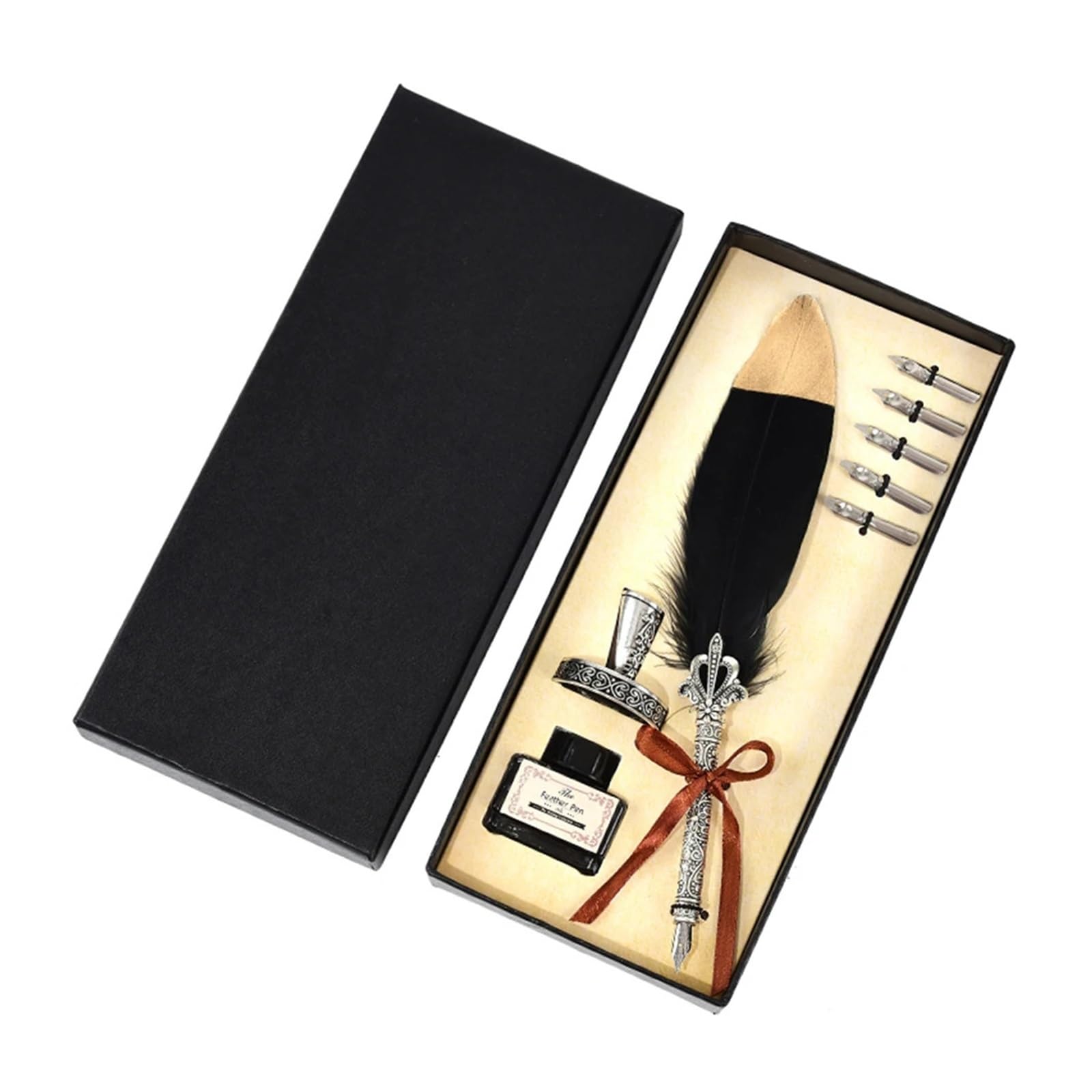 Plume Calligraphie Ensemble stylo plume et encre, stylo à plume avec 5 pointes fines, Excellent Souvenir de mariage, ensemble de stylos plume, cadeau d'anniversaire for femmes et hommes(Black)