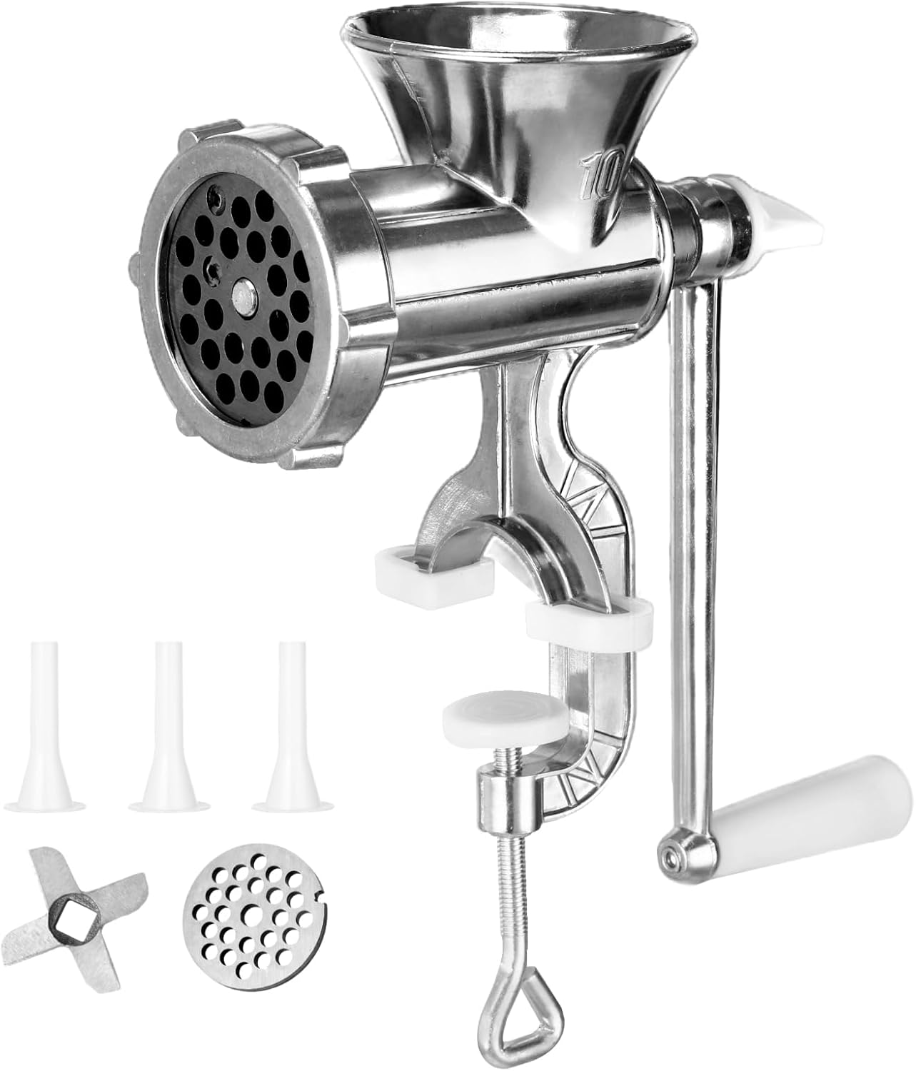 Manual Meat Grinder With 3 Sausage Funnels, Multi-Function Hand-Operated Kitchen Tool For Pork Chili And Sausage, Metal Meat Mincer, Silver