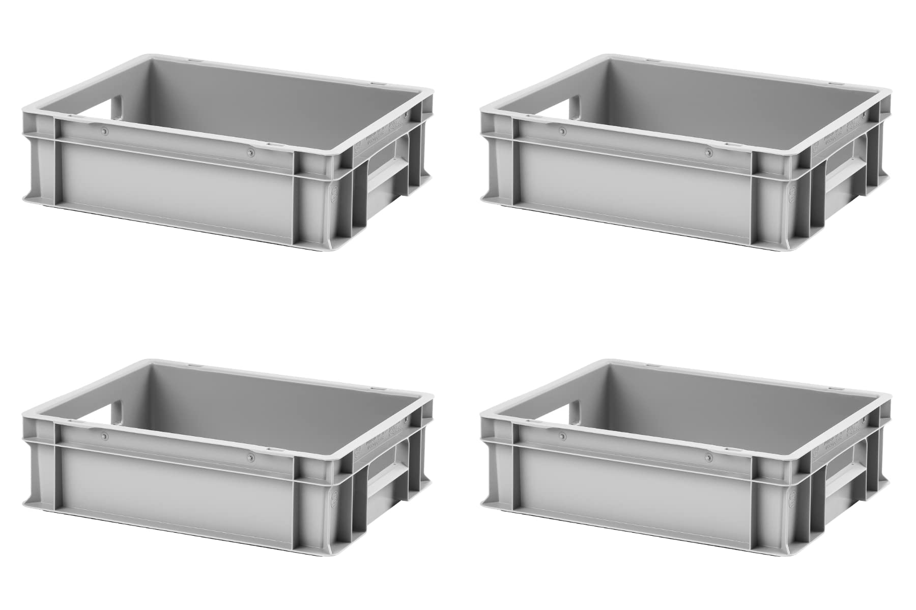 1a-TopStore 4 Stk. Euro-Stapelboxen EB-412, 400x300x120 mm (LxBxH), grau ähnl. RAL7001, aus Polypropylen, lebensmittelecht, 2 Handgriffe, ca. 11 Liter Vol.