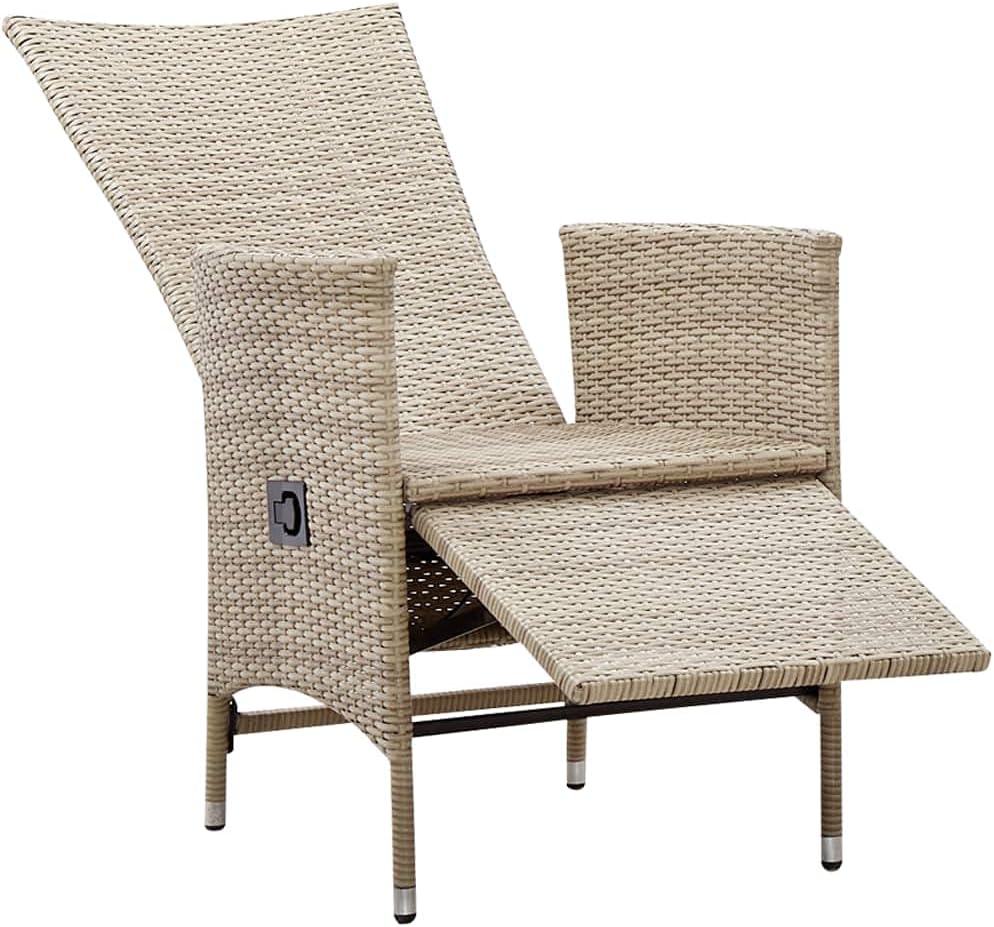 Beige rattan reclining chair in a fully reclined position