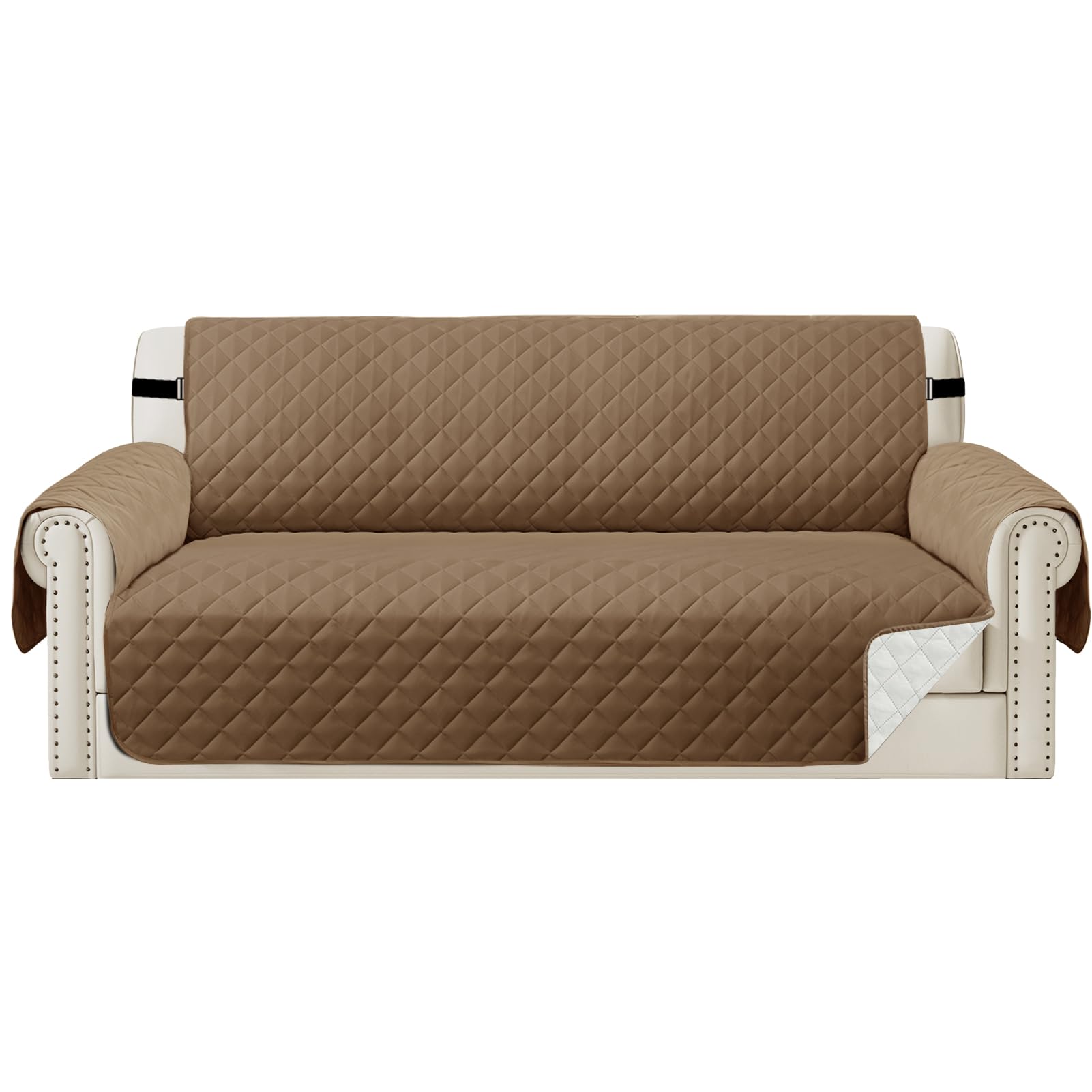 Teynewer Sofa Covers 4 Seater Water Repellent Reversible Sofa Slipcovers Couch Settee Covers Non-Slip Furniture Slipcovers with Elastic Straps for Kids Pets, Taupe/Beige