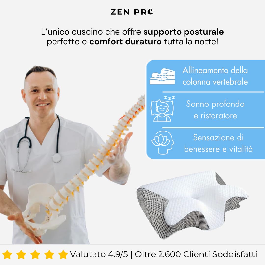 MEIION zen-pro Cuscino Ergonomico per la Cervicale 2 in 1 Oreiller ergonomique à mémoire de forme pour le cou, avec housse amovible et lavable