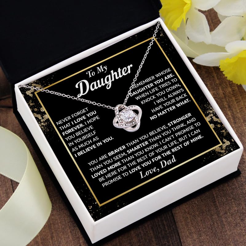To My Daughter Love Knot Necklace from Dad, Daughter Necklace with Heartfelt Message Card & Gift Box, Birthday Gift, Graduation Christmas Gifts for Her3