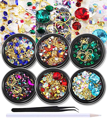 WOKOTO 6 Boxes Colorful Nail Art Rhinestone And Crystal Set 3D Gold Nail Studs Beads Diamond Manicure Jewelry Decoration With 1Pc Tweezers And Picker Pencil