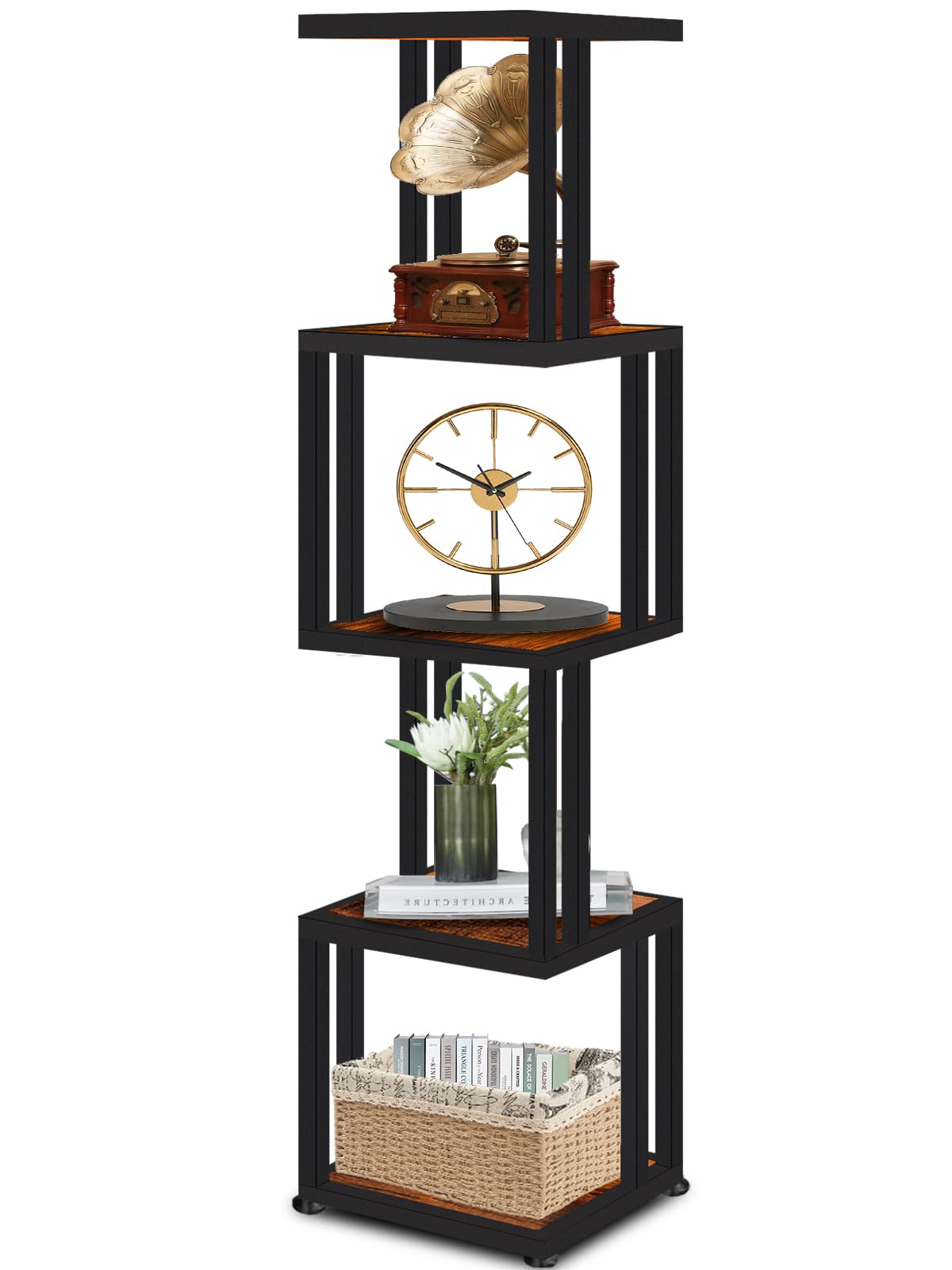 5 -Tier Corner Shelf Stand, Industrial 62'' Tall Corner Shelves, Heavy Duty Square Corner Bookshelf Display Shelf for Small Space, Living Room, Home Office, Kitchen, Rustic Brown and Black