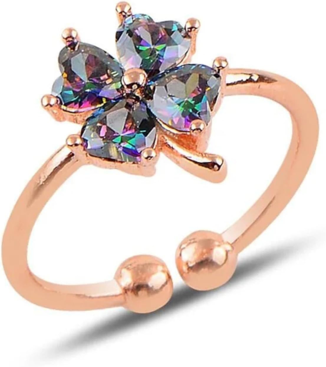 925 Sterling Silver Adjustable Rose Gold Ring with Mystic Topaz Clover Design | Dainty Gift Jewelry for Women | Handmade Look