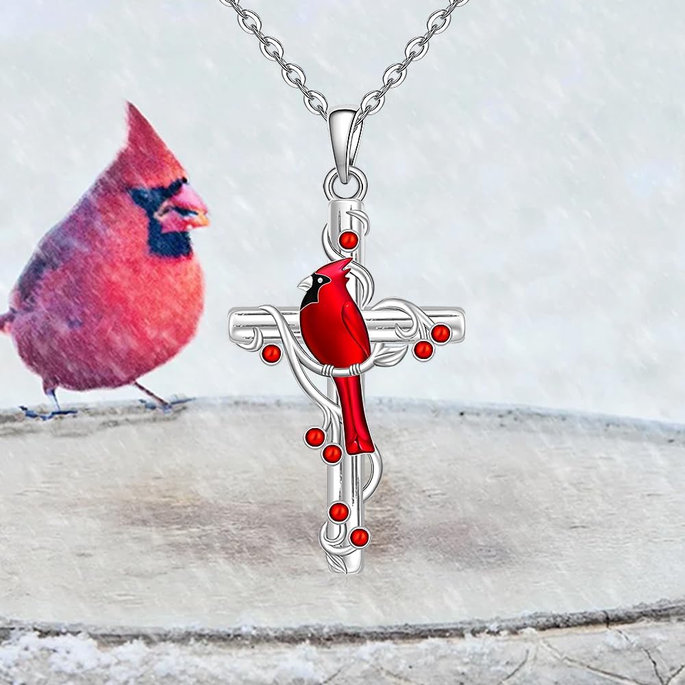 Fenthring Cross Cardinal Necklace Red Cardinal Necklaces for Women Sterling Silver Pendant Memorial Sympathy Bird Charms Mothers Day Christmas Gifts - Image 4