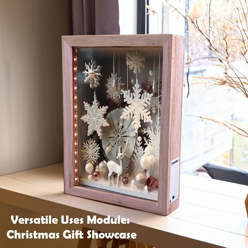 8"X11" Rustic Black Wood Shadow Box with Lights, LED-lit Display Case for Wine Corks, Tickets, and Creative Exhibits