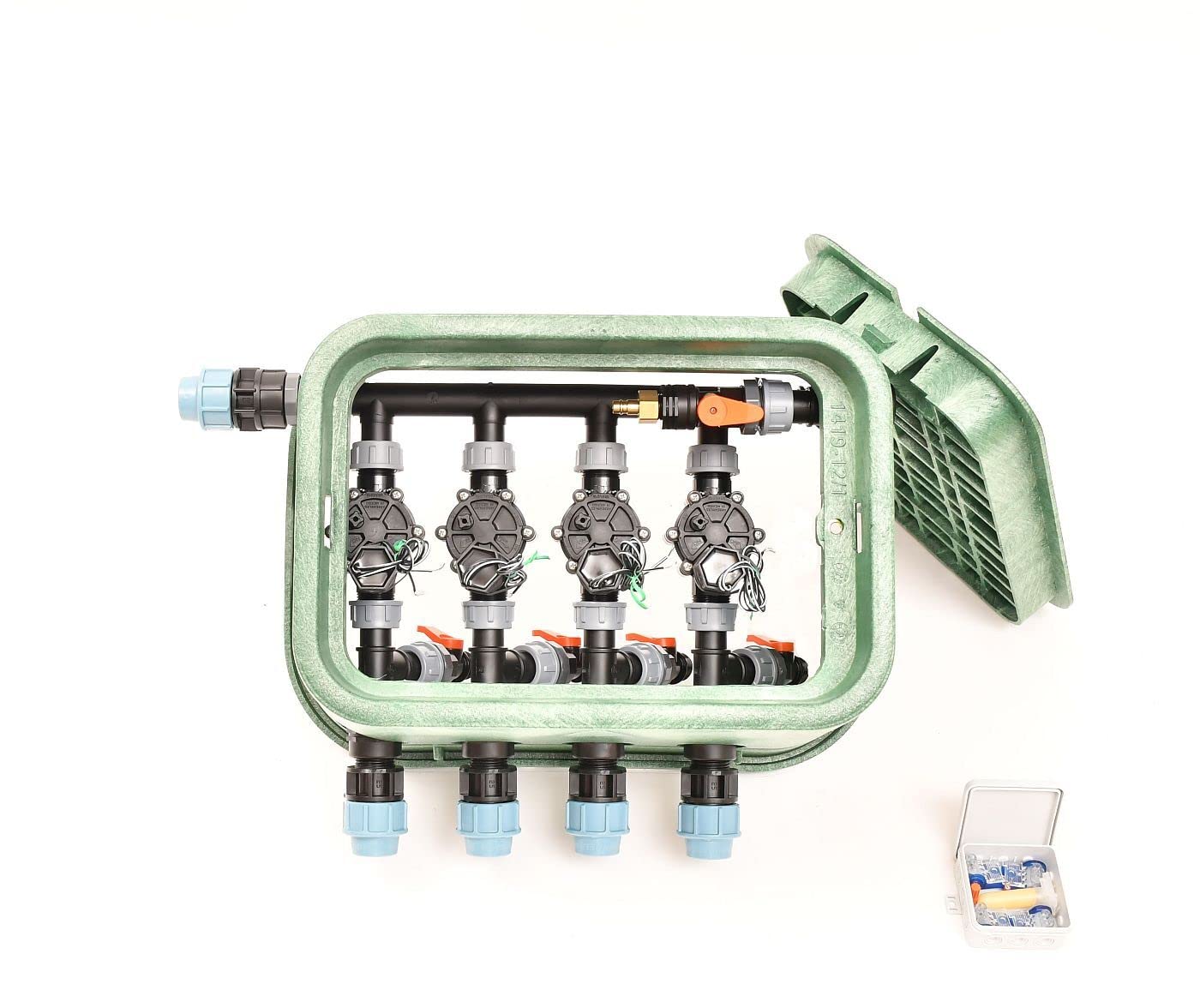 Ventilbox mit 4 Rain Bird 100-DV Magnetventilen (4 Zonen) für 25 mm PE-Rohr Bewässerung, 24V AC Plug&RainExpert