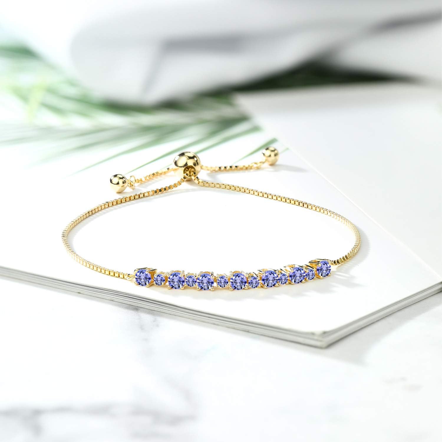 Gem Stone King 1.29 Cttw Blue Tanzanite 18K Rose Gold Plated Silver Adjustable Tennis Bracelet for Women | Gemstone Birthstone | Round 3MM and 2MM | Fully Adjustable Up to 9 Inch